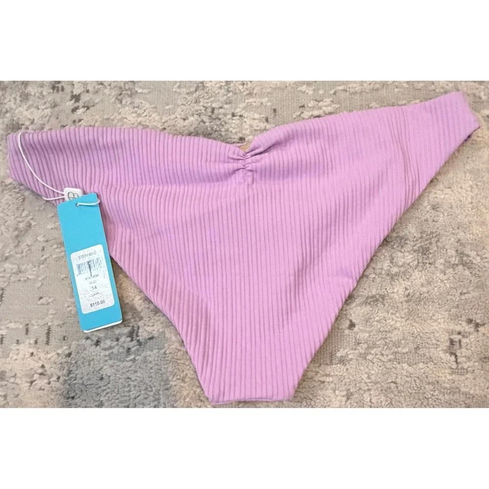 Beach Bunny Stephanie Bikini Bottom Lavender Ribbed Midi Swimwear Size 14